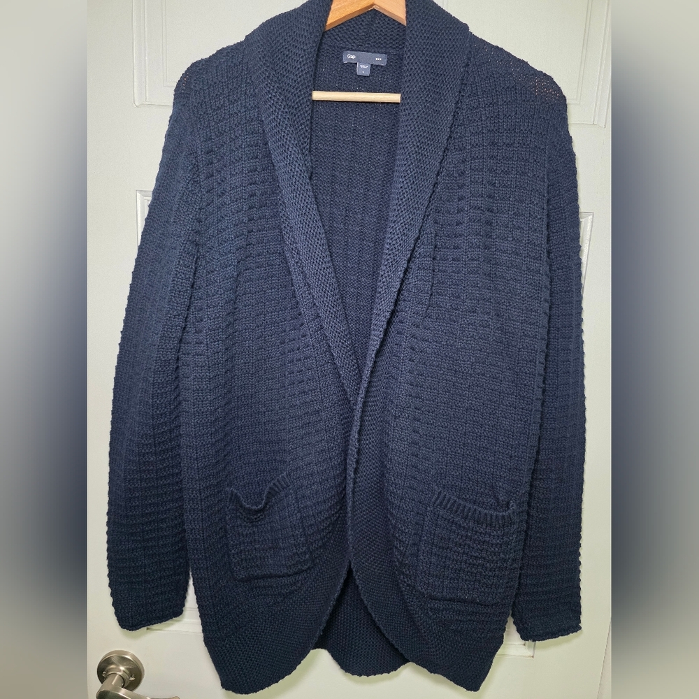 Gap Waffle Knit Shawl Collar Navy Cardigan Sweater Cozy Fall Women’s- Size Lg